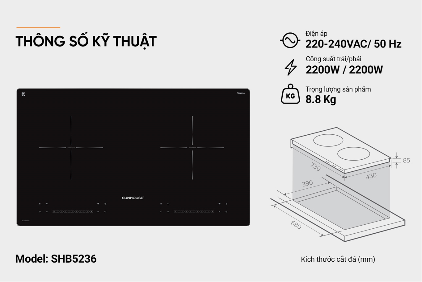 BẾP ĐÔI ĐIỆN TỪ SUNHOUSE SHB5236