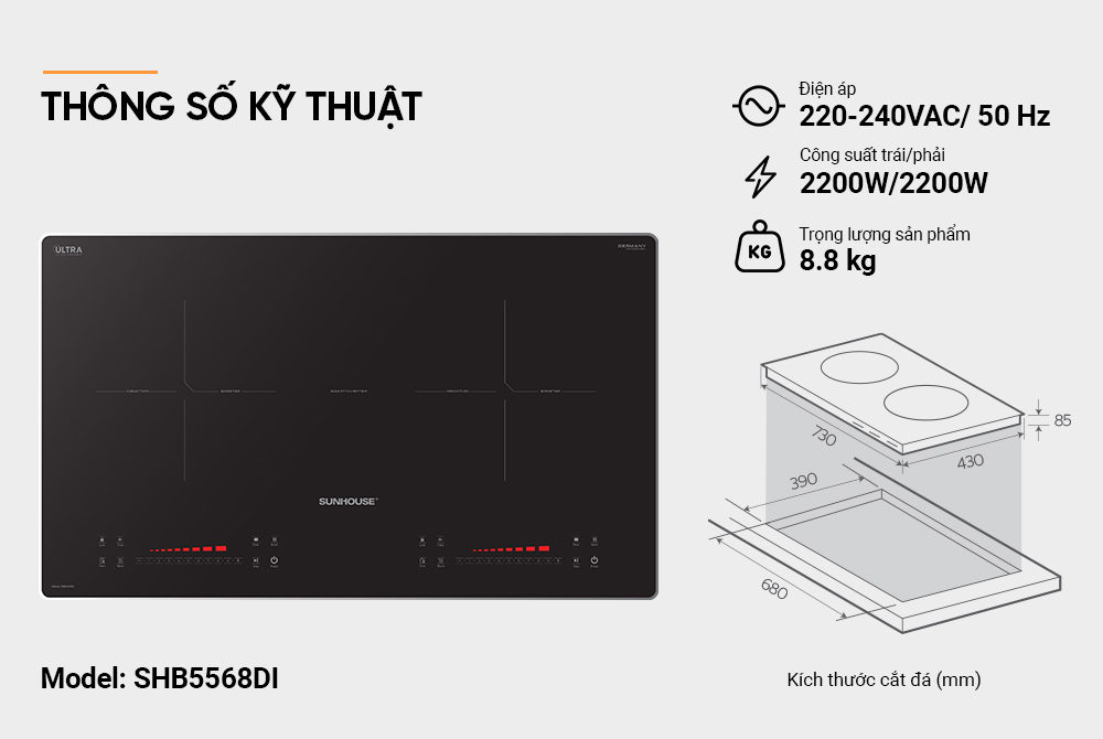 BẾP ĐÔI ĐIỆN TỪ SUNHOUSE SHB5568DI