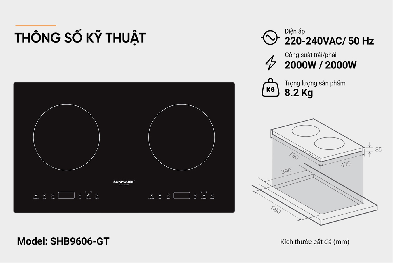 BẾP ĐÔI ĐIỆN TỪ SUNHOUSE SHB9606-GT