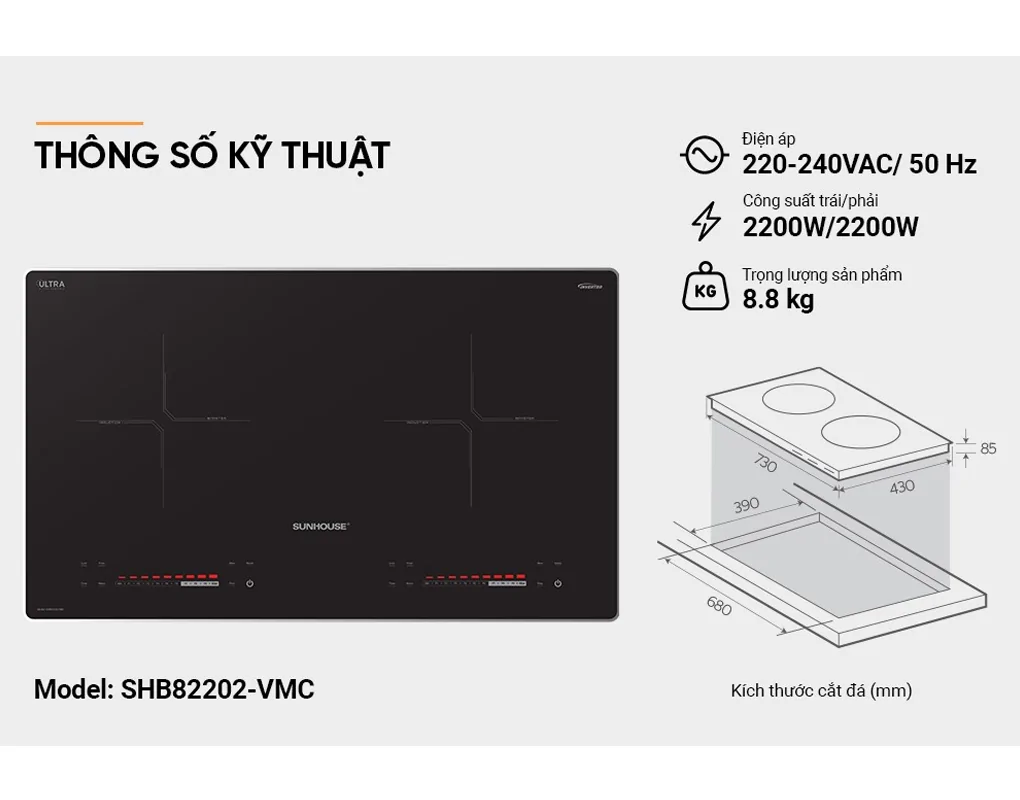 Bếp Đôi Điện Từ Sunhouse SHB82202-VMC 4400W
