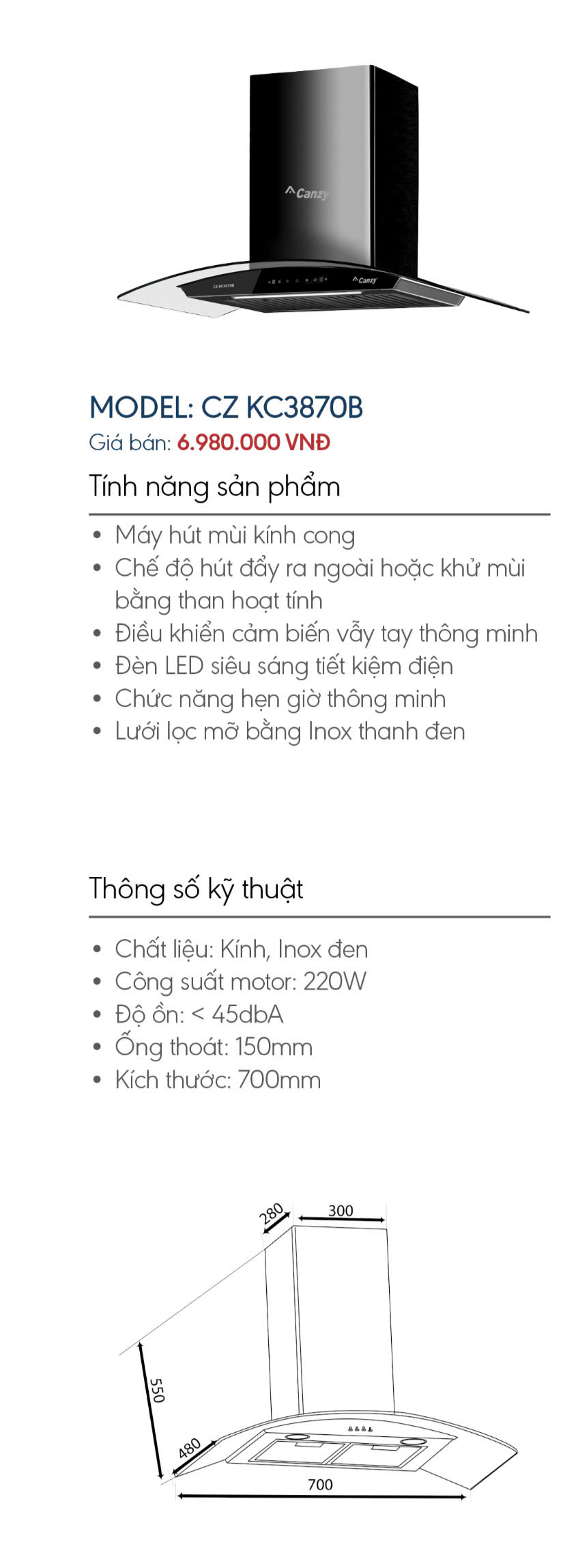 Máy hút mùi Canzy CZ- KC3870B