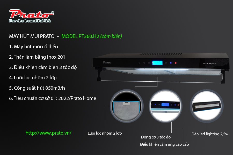Máy hút mùi Prato Model PT-360.H2 (Cảm biến)