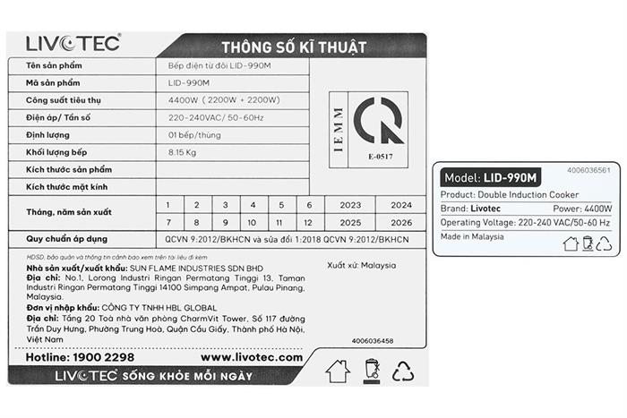 Bếp từ đôi âm Livotec LID-990M 4400W